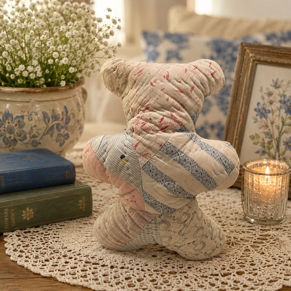 Vintage Handmade Patchwork Quilt Teddy Bear Primitive Cottage Farmhouse Decor